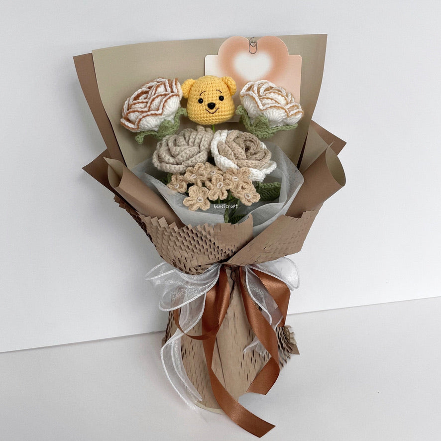 handicroft handmade crochet milk tea winnie the pooh flower bouquet pooh's honey latte