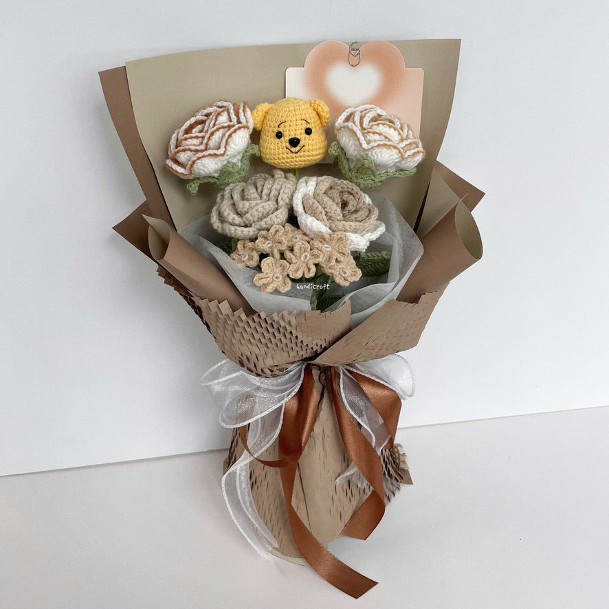 handicroft handmade crochet milk tea winnie the pooh flower bouquet pooh's honey latte