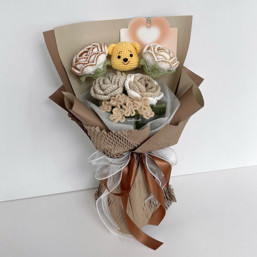 handicroft handmade crochet milk tea winnie the pooh flower bouquet pooh's honey latte