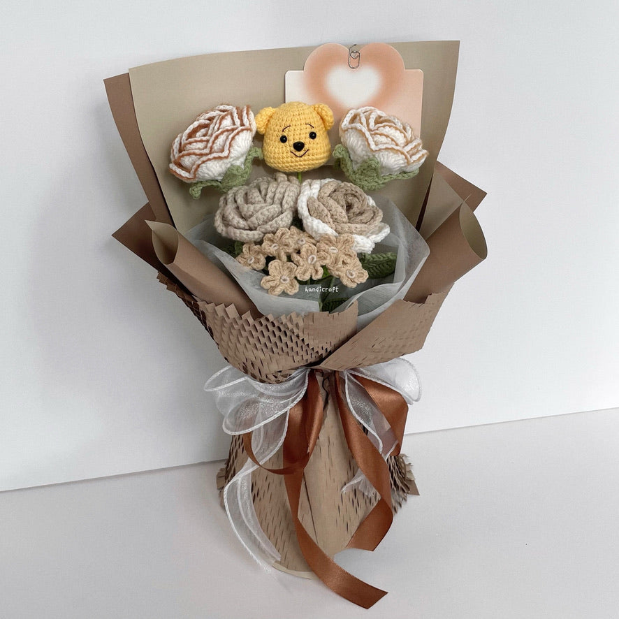 handicroft handmade crochet milk tea winnie the pooh flower bouquet pooh's honey latte