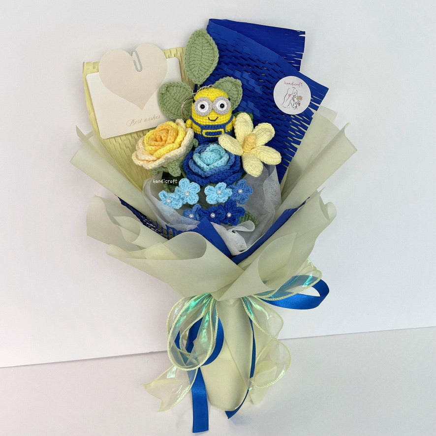 handicroft handmade crochet minion yellow & blue flower bouquet minion's mischief