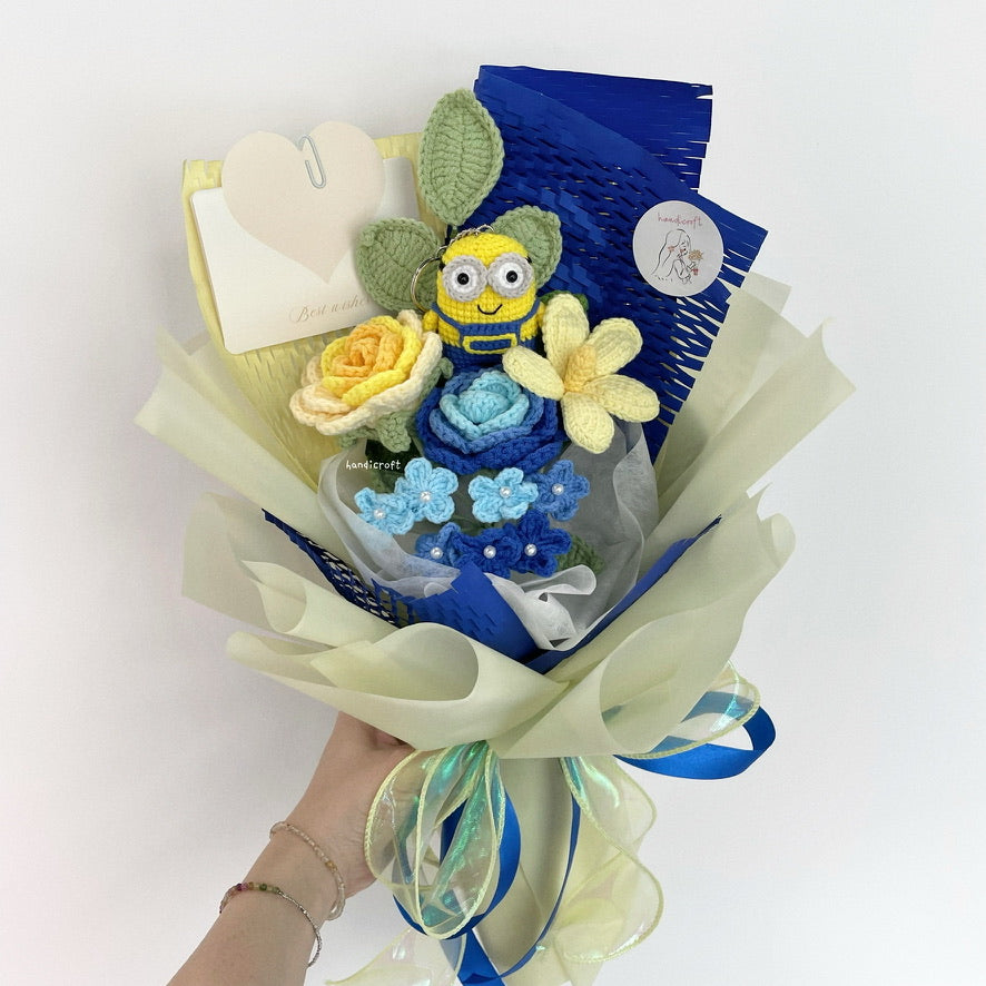 handicroft handmade crochet minion yellow & blue flower bouquet minion's mischief