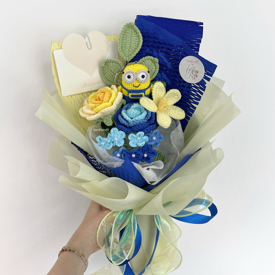 handicroft handmade crochet minion yellow & blue flower bouquet minion's mischief