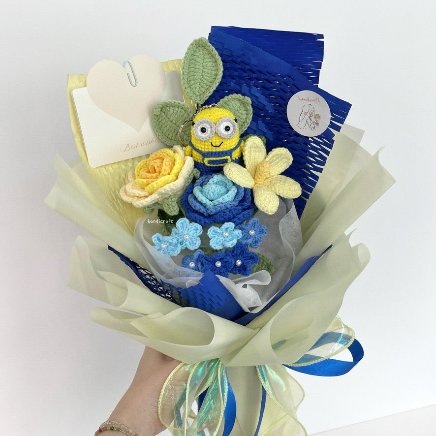 handicroft handmade crochet minion yellow & blue flower bouquet minion's mischief