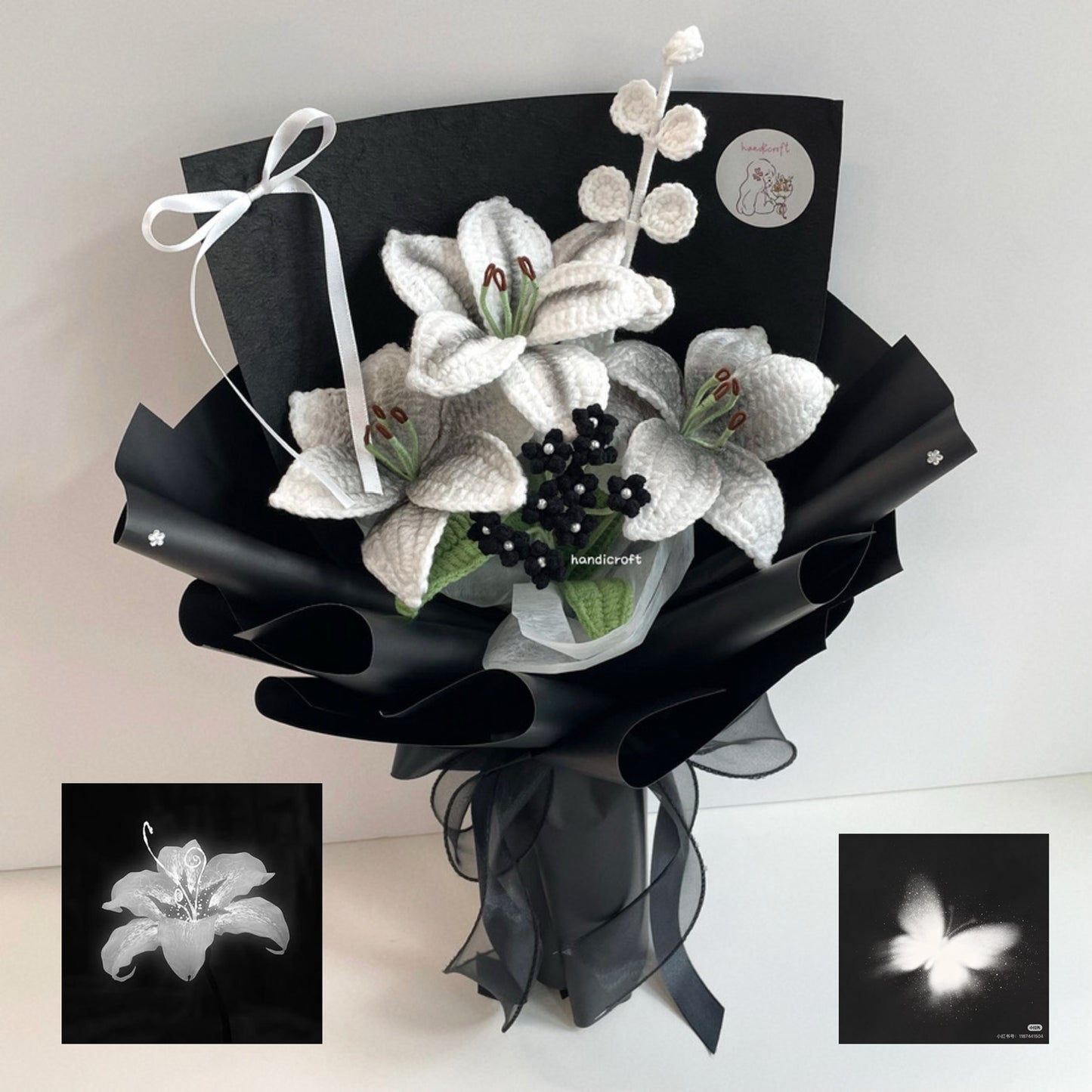 handicroft handmade crochet monochrome black & white lily flower bouquet lily love poem midnight edition