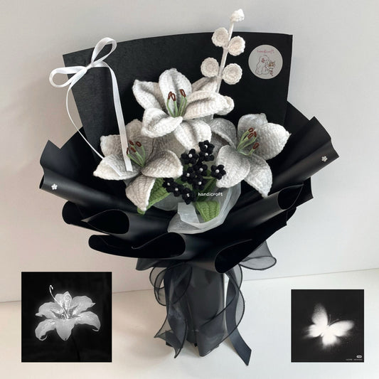 handicroft handmade crochet monochrome black & white lily flower bouquet lily love poem midnight edition