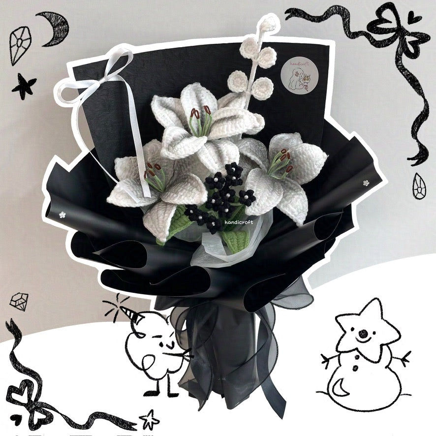 handicroft handmade crochet monochrome black & white lily flower bouquet lily love poem midnight edition