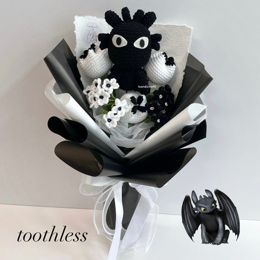 handicroft handmade crochet monochrome dragon flower bouquet night fury florals