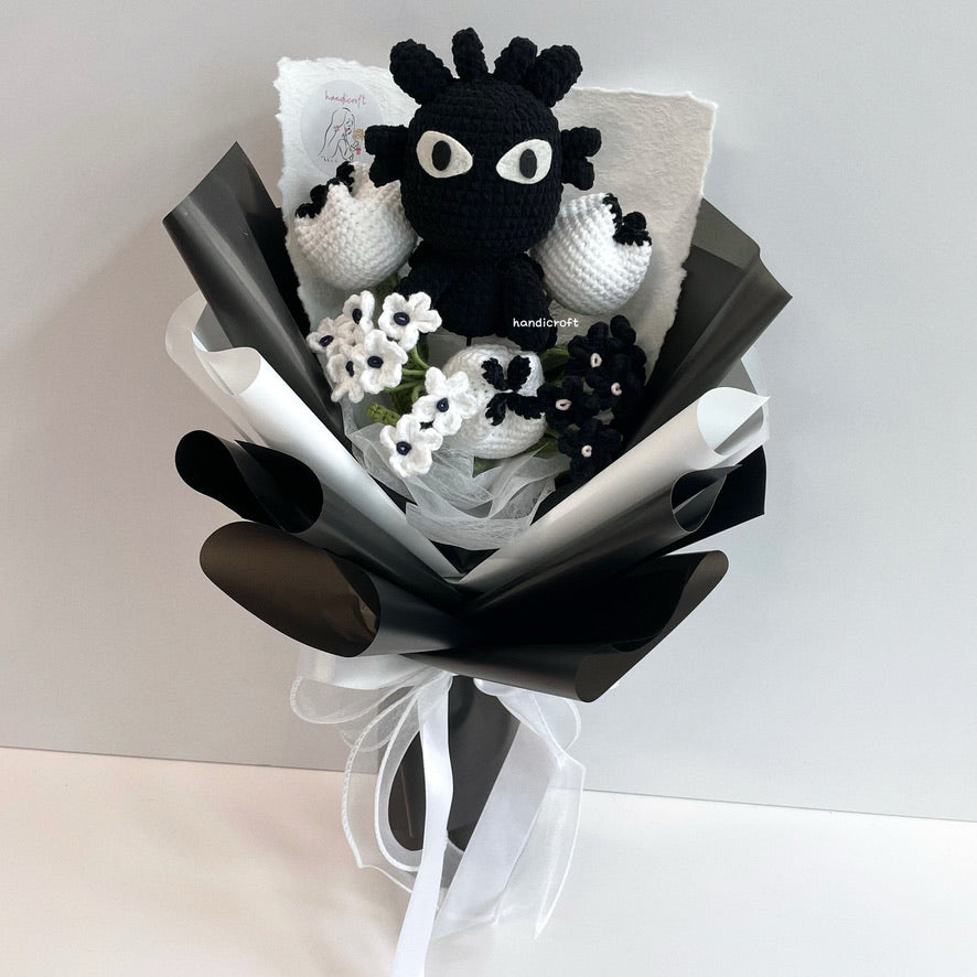handicroft handmade crochet monochrome dragon flower bouquet night fury florals