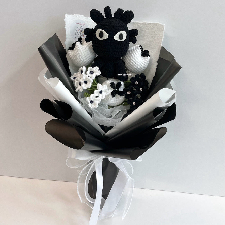 handicroft handmade crochet monochrome dragon flower bouquet night fury florals