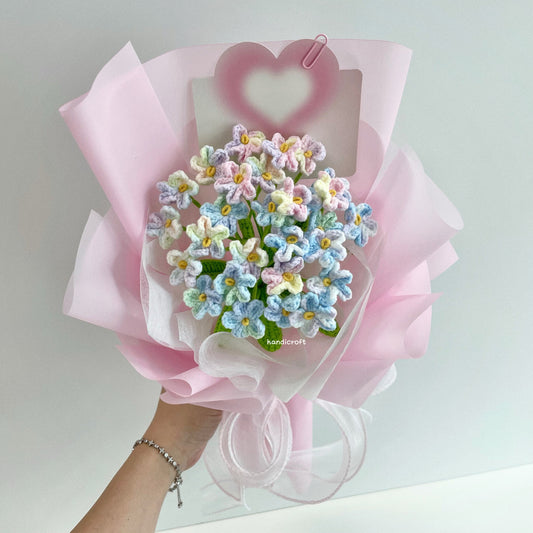 handicroft handmade crochet ombre forget-me-not flower bouquet fond memories pink