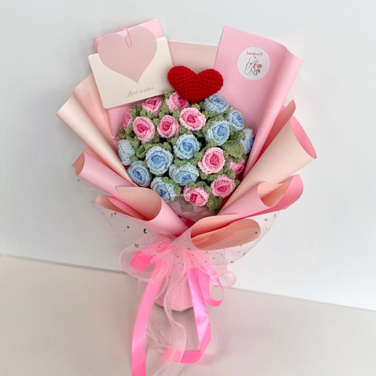 handicroft handmade crochet ombre pink & blue mini roses flower bouquet where garden meets ocean