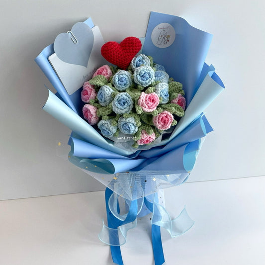 handicroft handmade crochet ombre pink & blue mini roses flower bouquet where garden meets ocean
