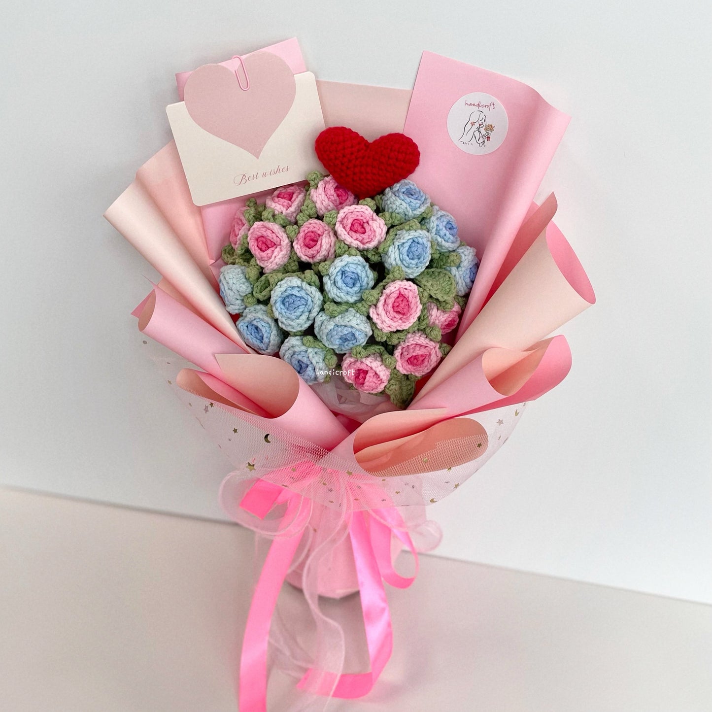 handicroft handmade crochet ombre pink & blue mini roses flower bouquet where garden meets ocean