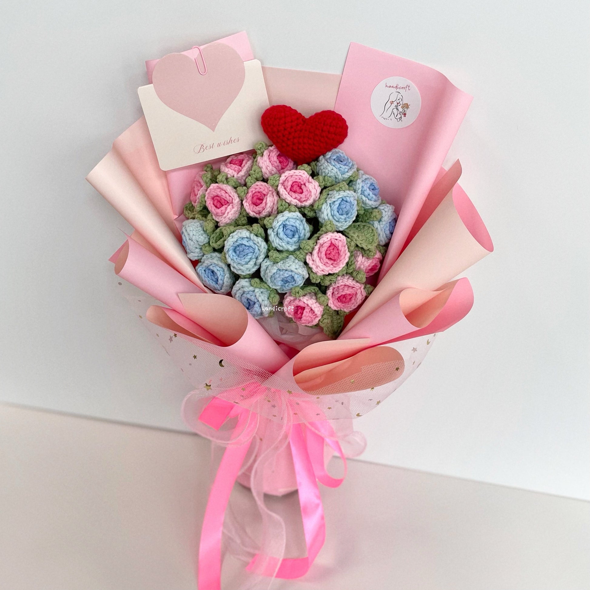 handicroft handmade crochet ombre pink & blue mini roses flower bouquet where garden meets ocean