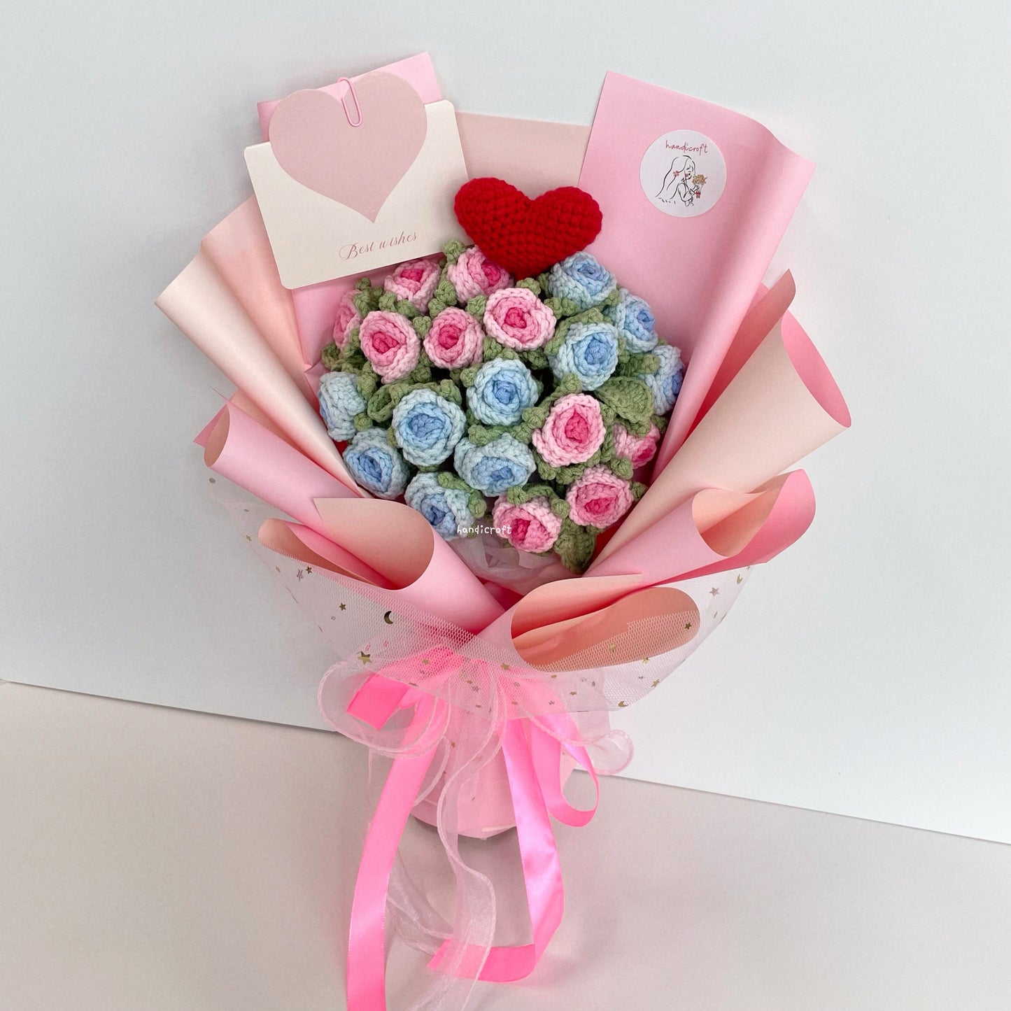 handicroft handmade crochet ombre pink & blue mini roses flower bouquet where garden meets ocean