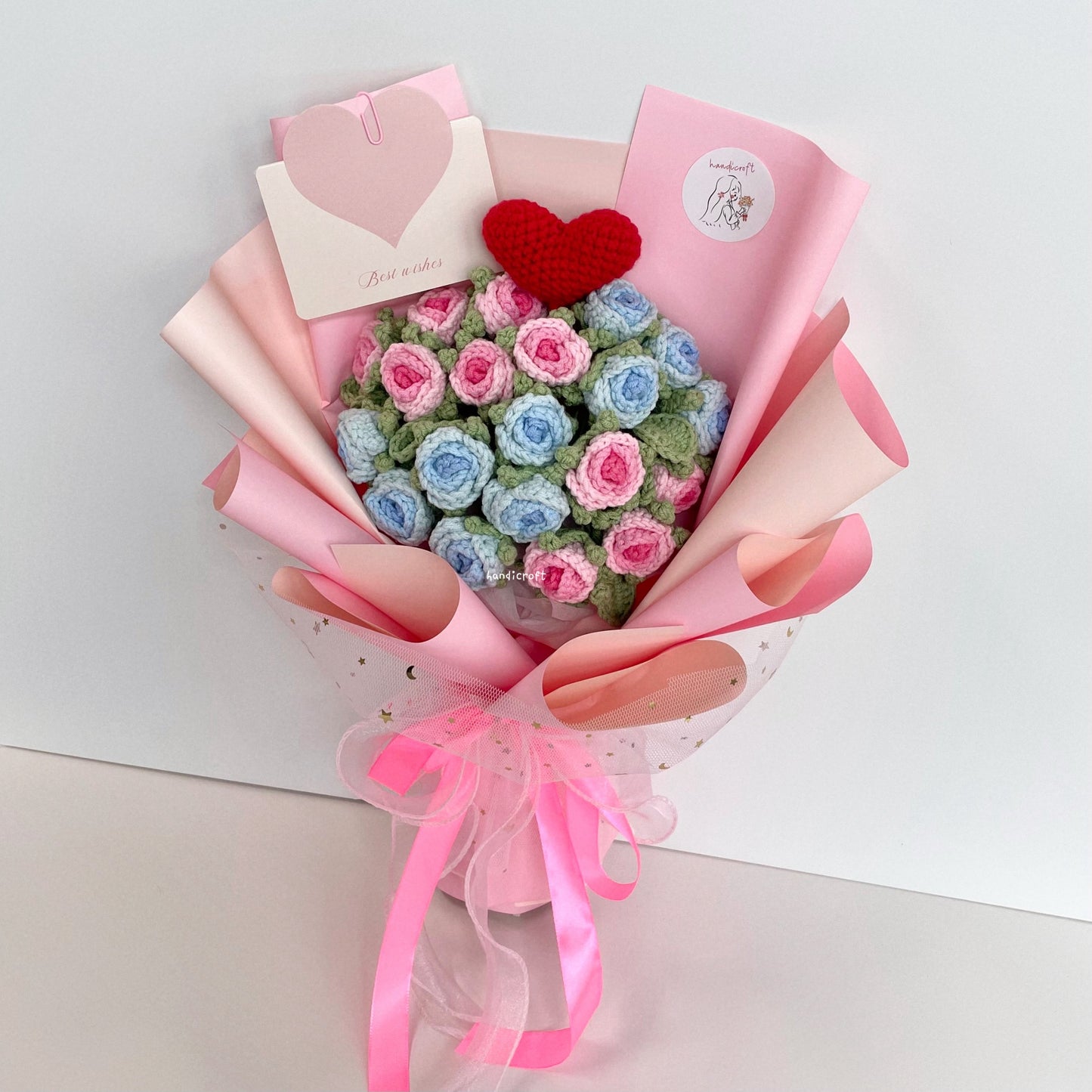 handicroft handmade crochet ombre pink & blue mini roses flower bouquet where garden meets ocean