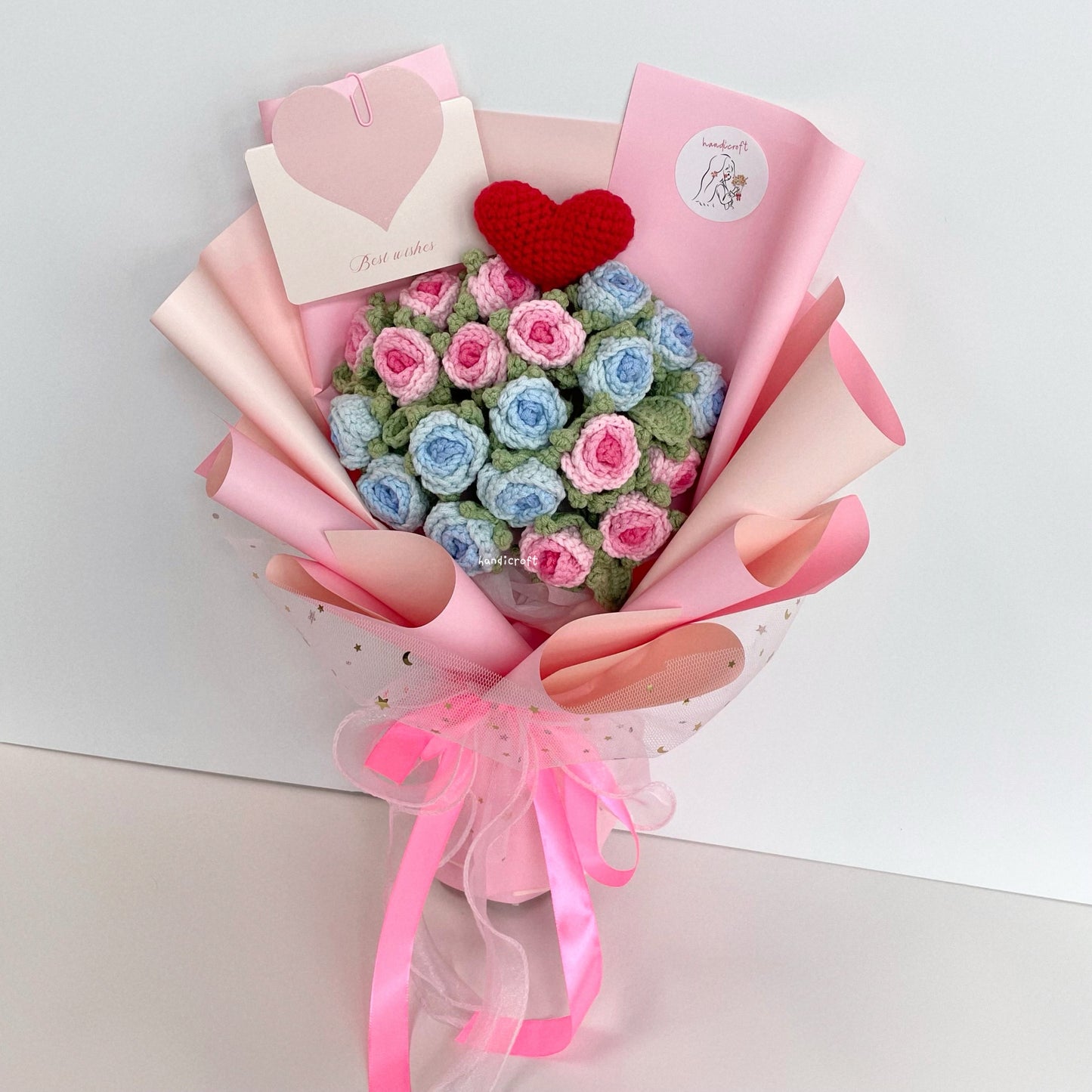 handicroft handmade crochet ombre pink & blue mini roses flower bouquet where garden meets ocean