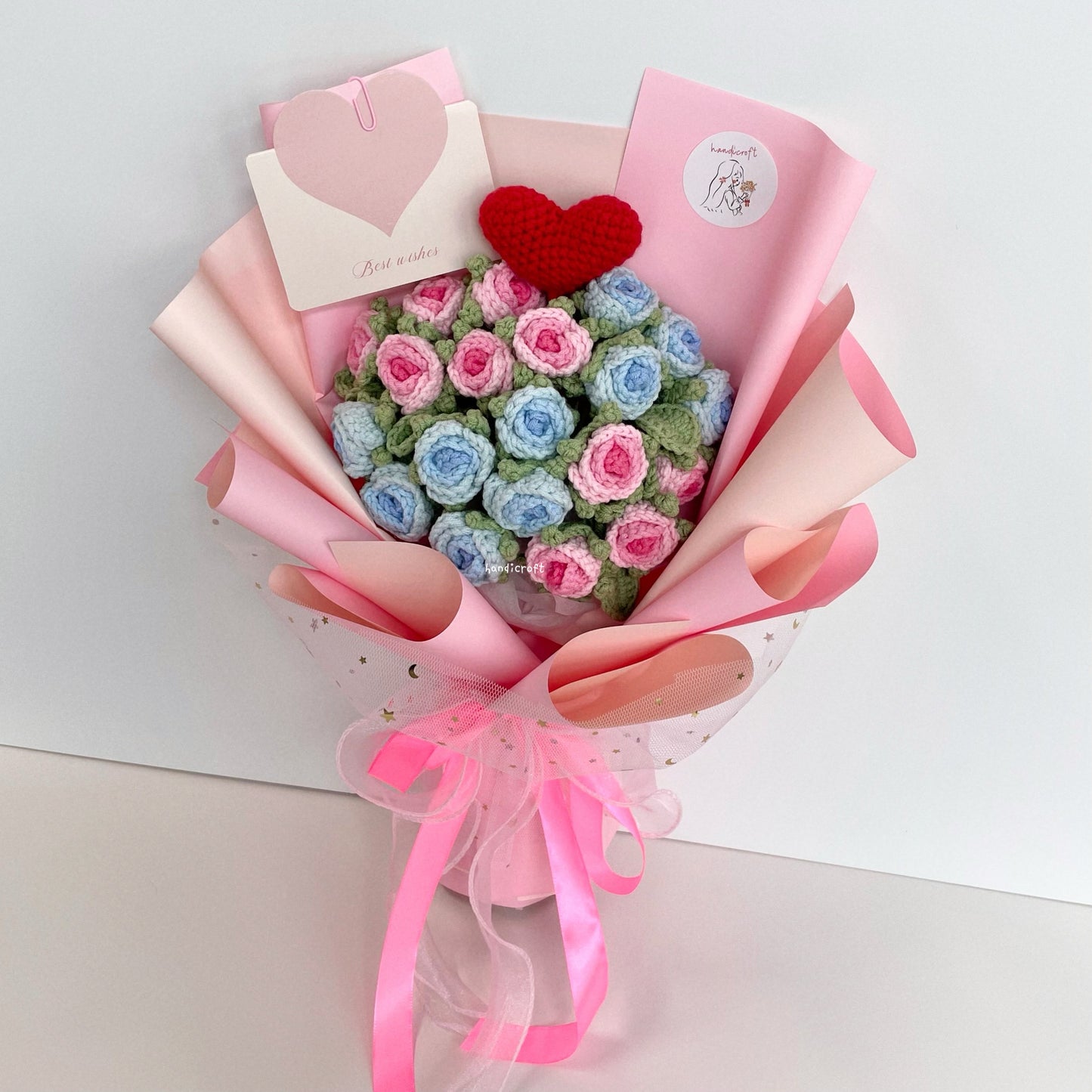 handicroft handmade crochet ombre pink & blue mini roses flower bouquet where garden meets ocean