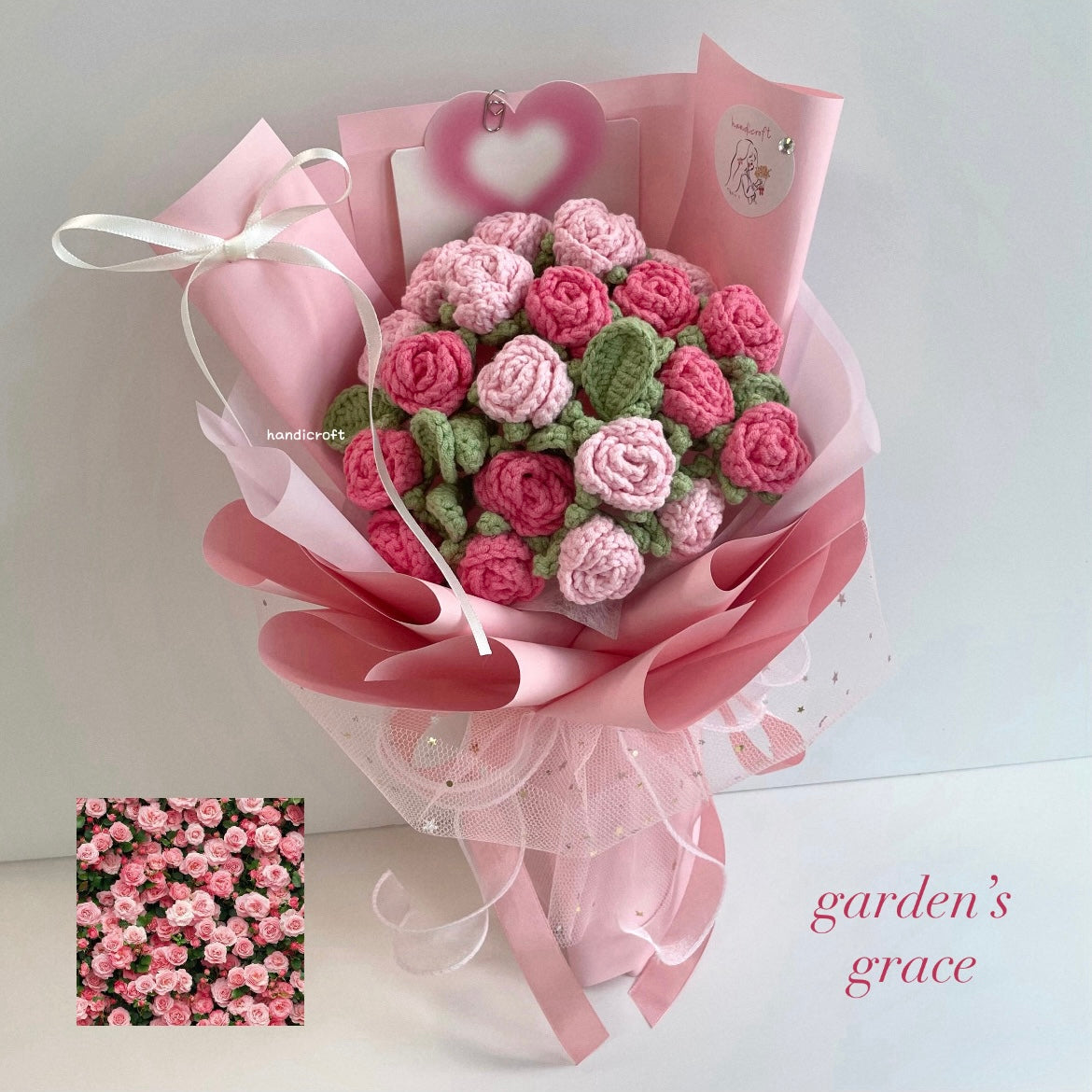 handicroft handmade crochet ombre pink mini roses flower bouquet garden's grace