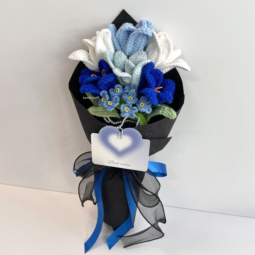 handicroft handmade crochet open blooming tulips flower bouquet season of tulips mix of blue colour theme black wrapping