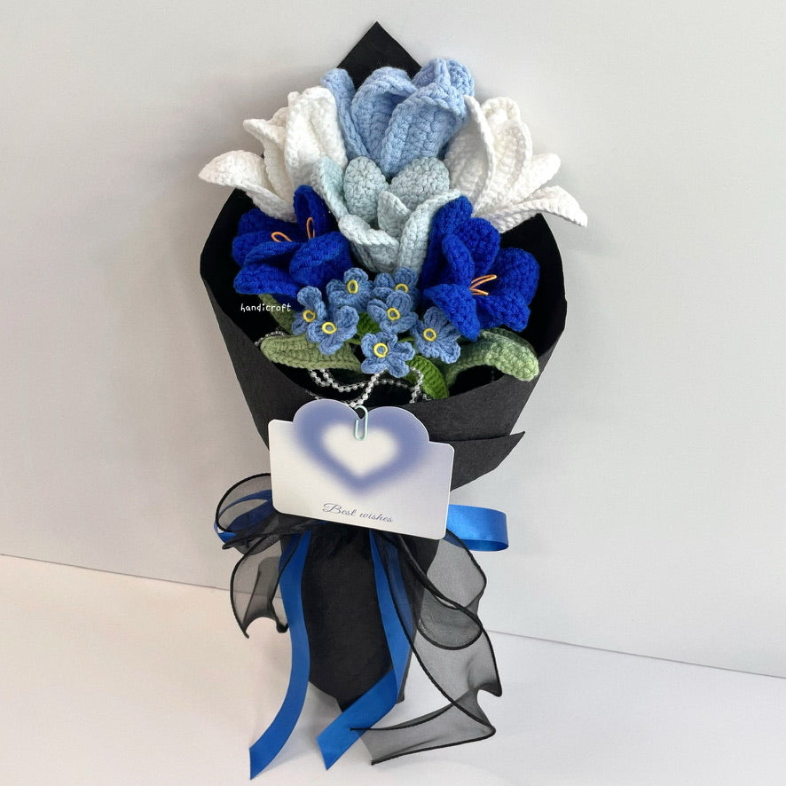 handicroft handmade crochet open blooming tulips flower bouquet season of tulips mix of blue colour theme black wrapping