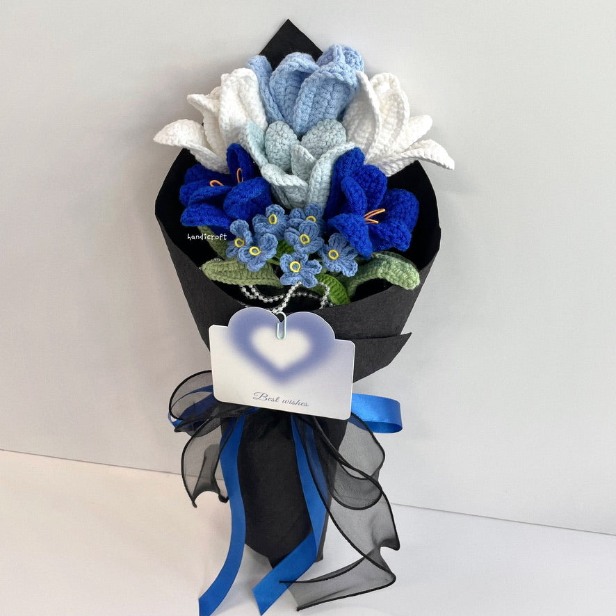 handicroft handmade crochet open blooming tulips flower bouquet season of tulips mix of blue colour theme black wrapping