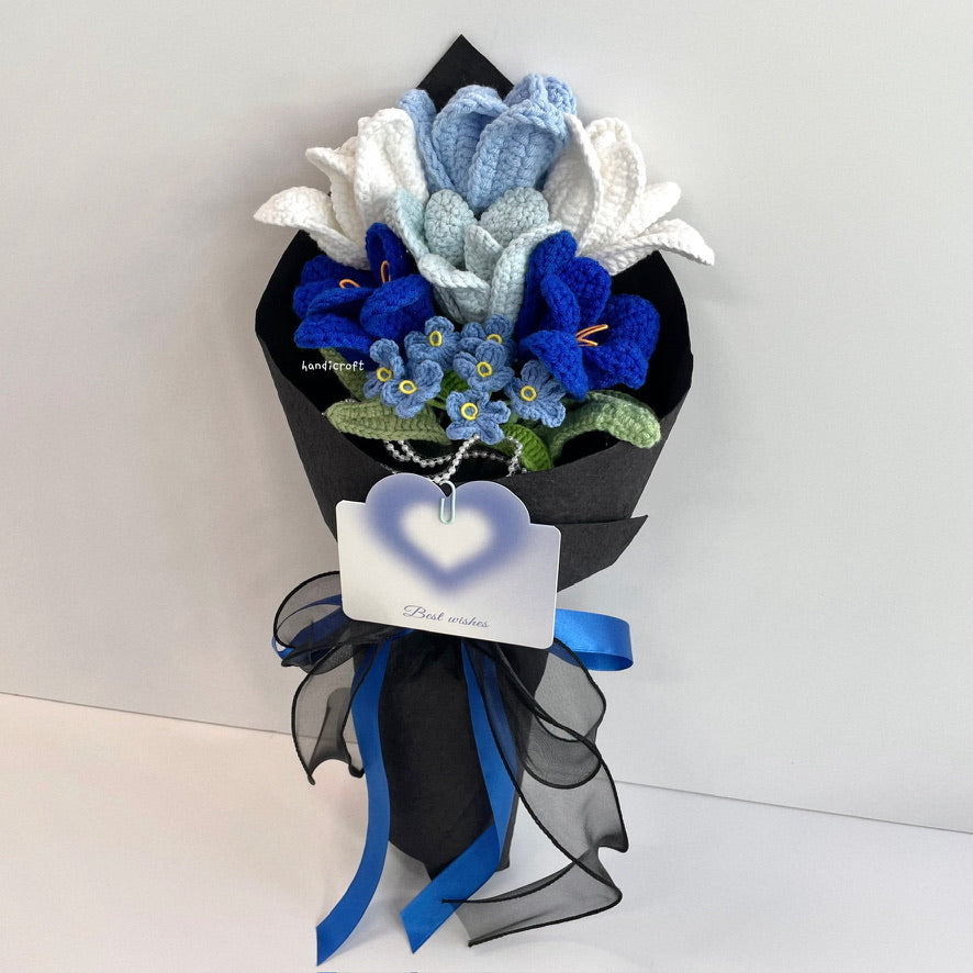 handicroft handmade crochet open blooming tulips flower bouquet season of tulips mix of blue colour theme black wrapping