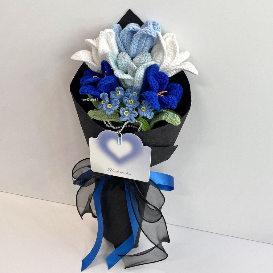 handicroft handmade crochet open blooming tulips flower bouquet season of tulips mix of blue colour theme black wrapping