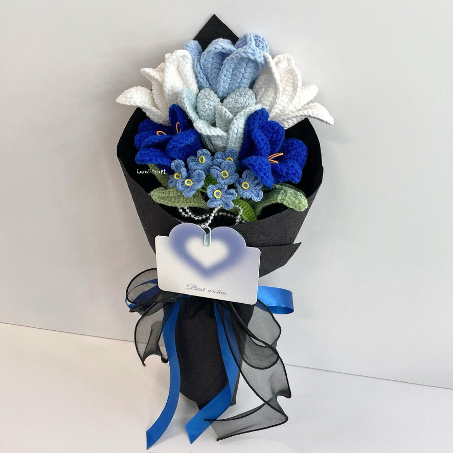 handicroft handmade crochet open blooming tulips flower bouquet season of tulips mix of blue colour theme black wrapping