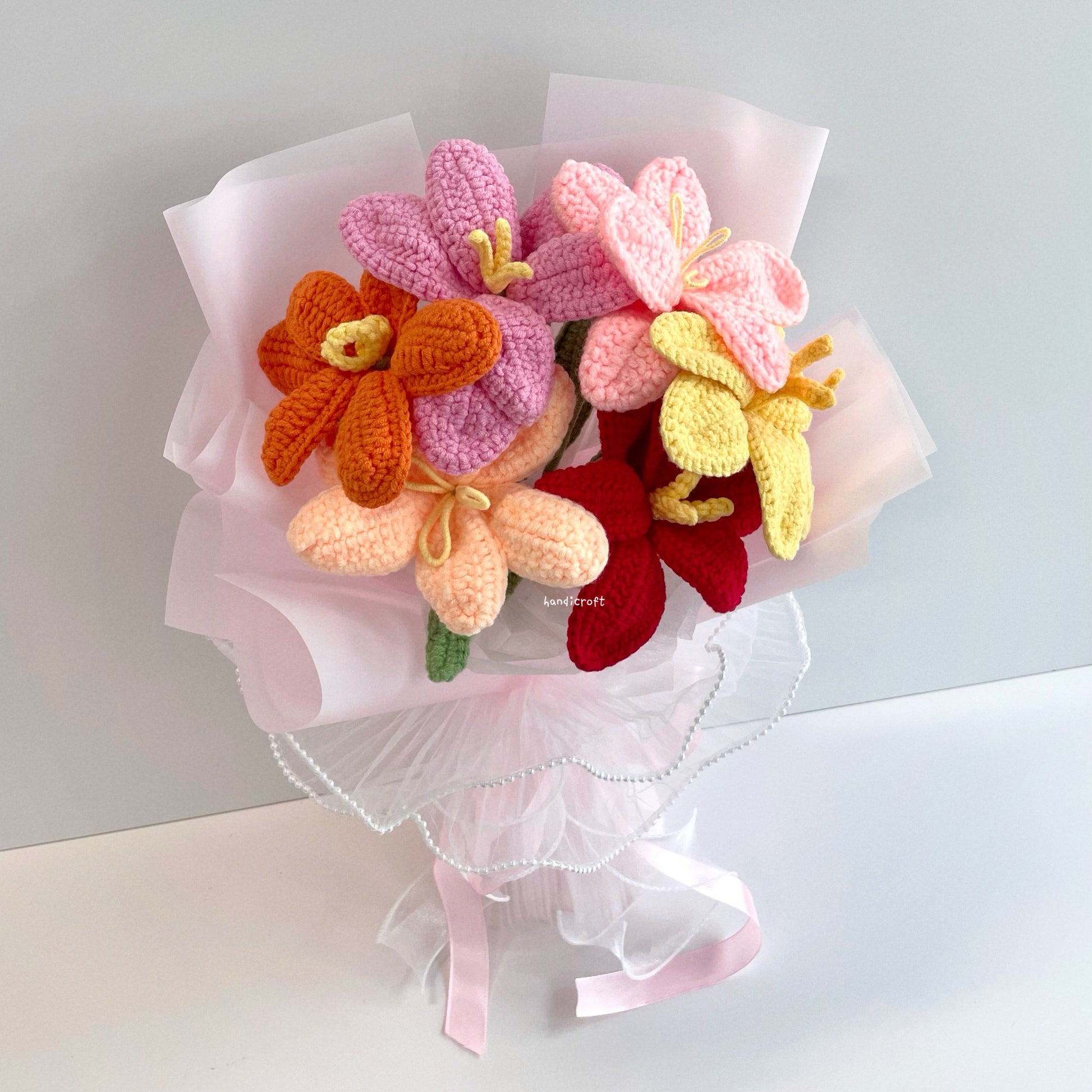 handicroft handmade crochet open tulips flower bouquet tulips party