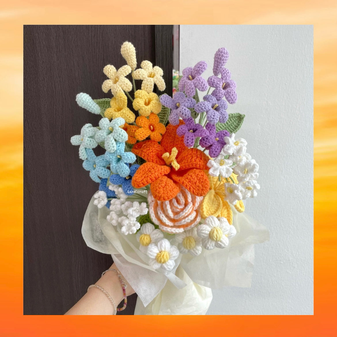 handicroft handmade crochet orange jasmine flower bouquet rainbow confetti