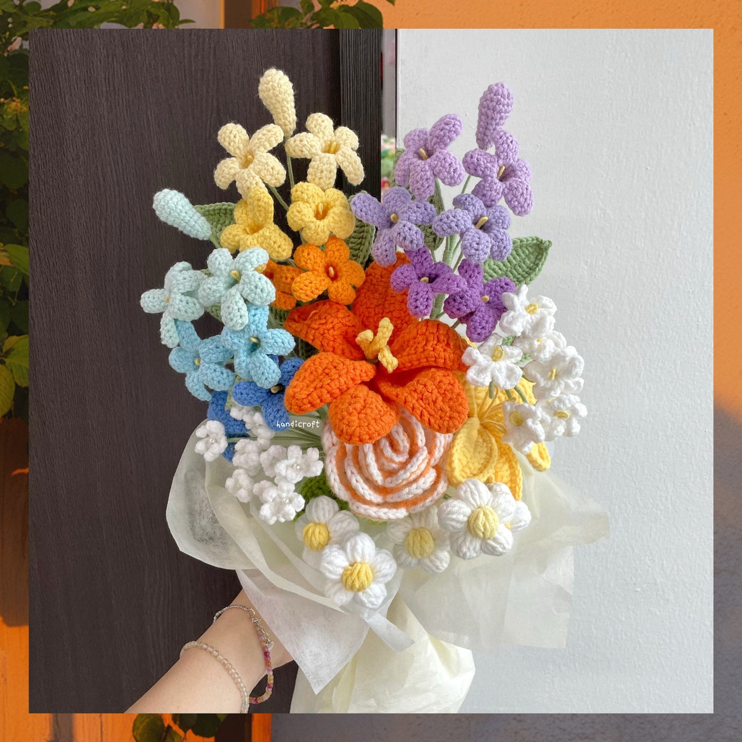 handicroft handmade crochet orange jasmine flower bouquet rainbow confetti
