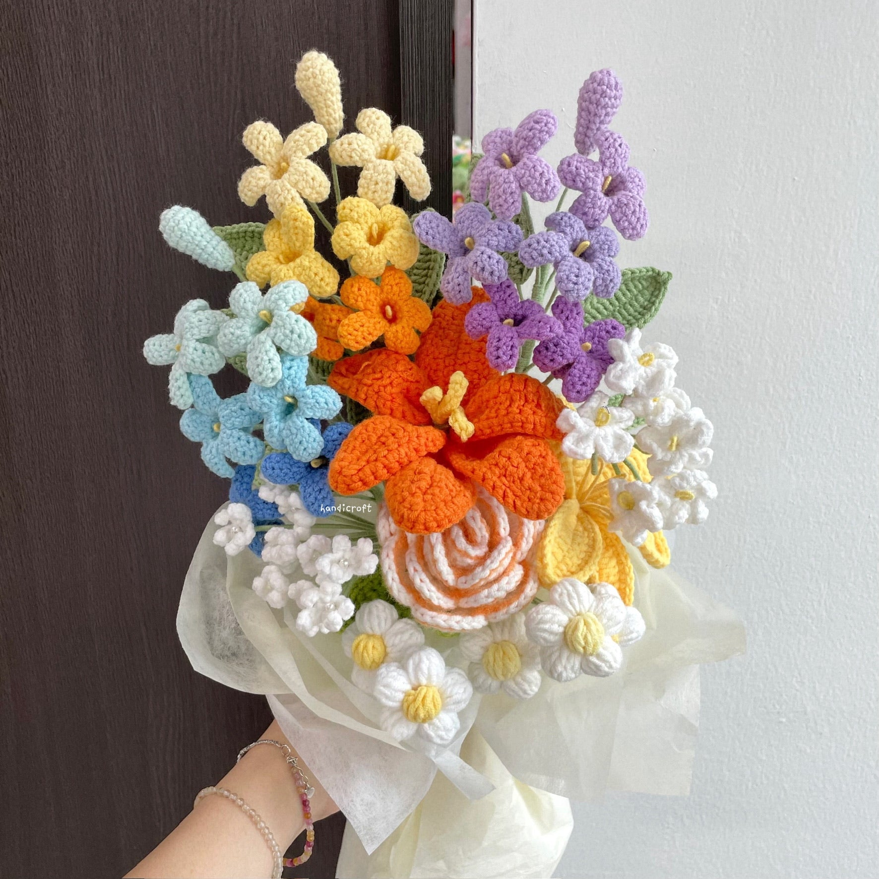 handicroft handmade crochet orange jasmine flower bouquet rainbow confetti