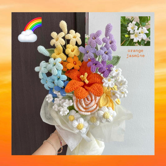 handicroft handmade crochet orange jasmine flower bouquet rainbow confetti