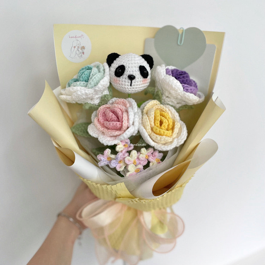 handicroft handmade crochet panda pastel flower bouquet panda's playful palette