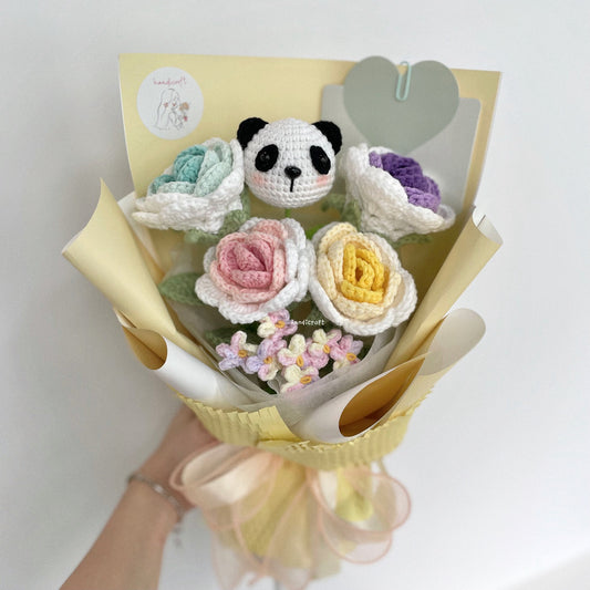 handicroft handmade crochet panda pastel flower bouquet panda's playful palette