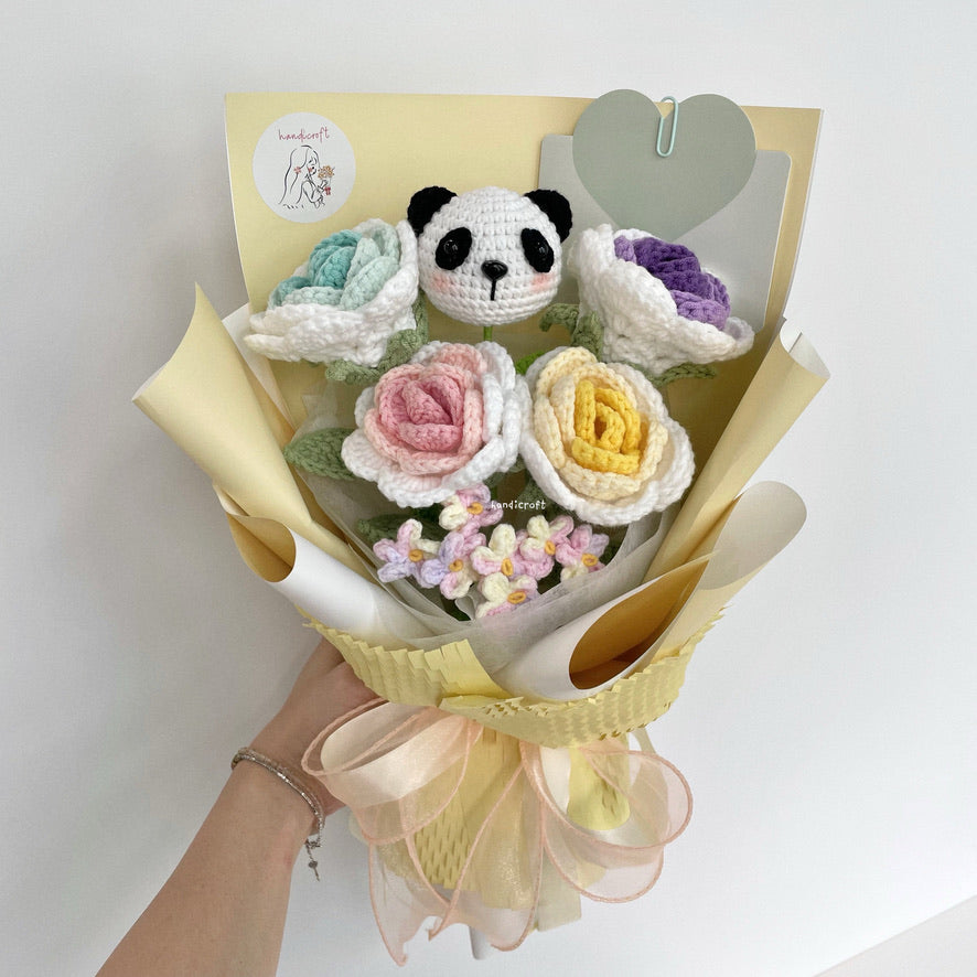 handicroft handmade crochet panda pastel flower bouquet panda's playful palette