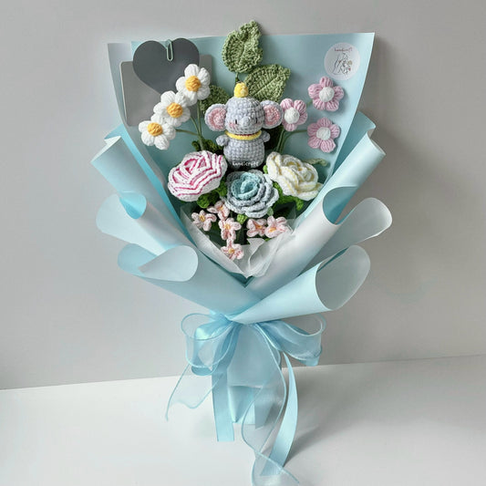 handicroft handmade crochet pastel flower bouquet dumbo's blush & blue