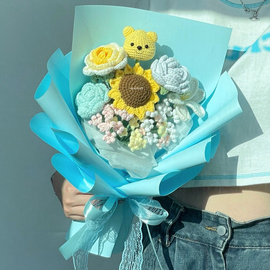 handicroft handmade crochet pastel flower bouquet pastel hunny dreams blue