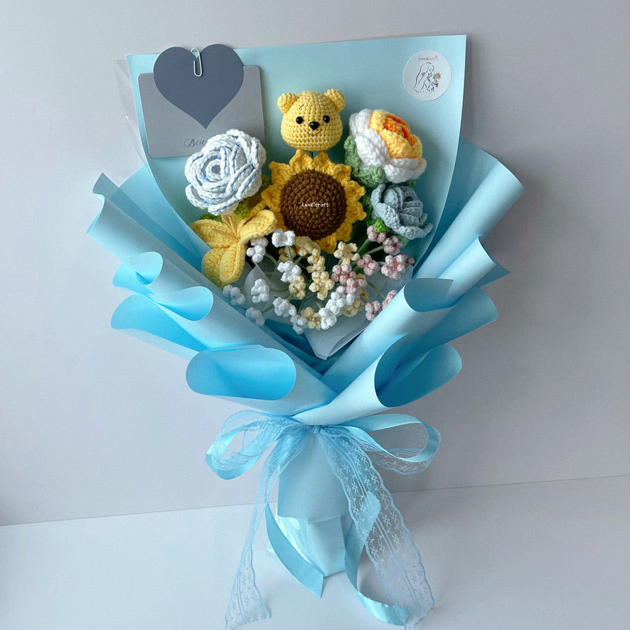 handicroft handmade crochet pastel flower bouquet pastel hunny dreams blue