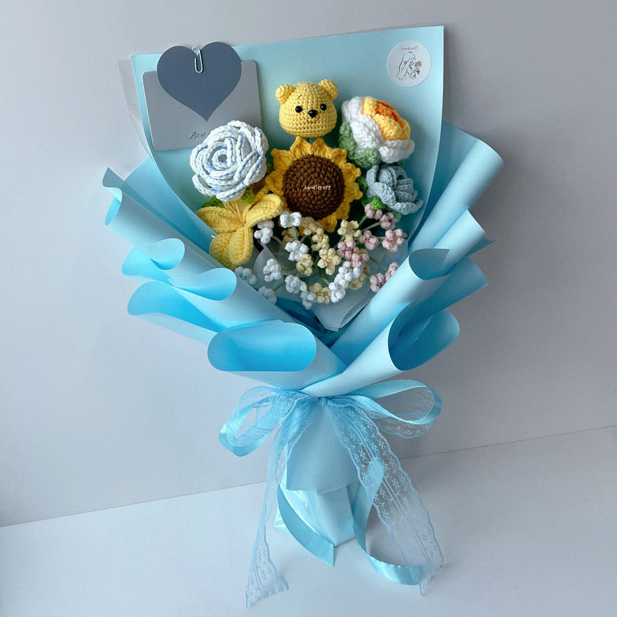 handicroft handmade crochet pastel flower bouquet pastel hunny dreams blue