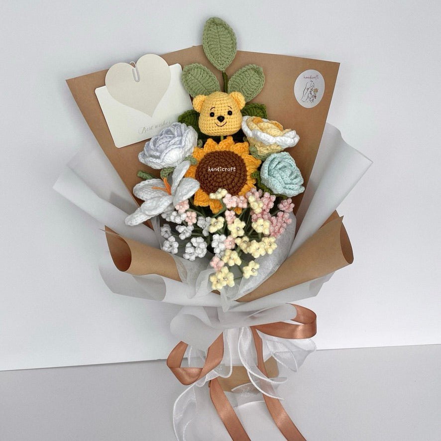 handicroft handmade crochet pastel flower bouquet pastel hunny dreams brown kraft & white