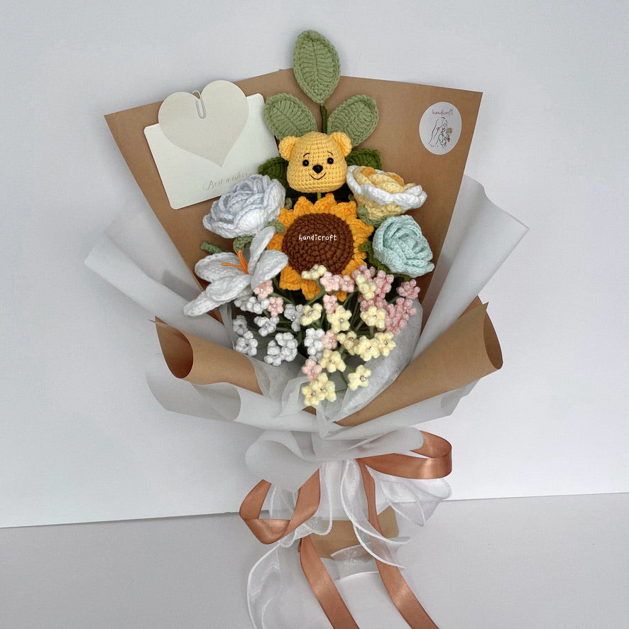 handicroft handmade crochet pastel flower bouquet pastel hunny dreams brown kraft & white