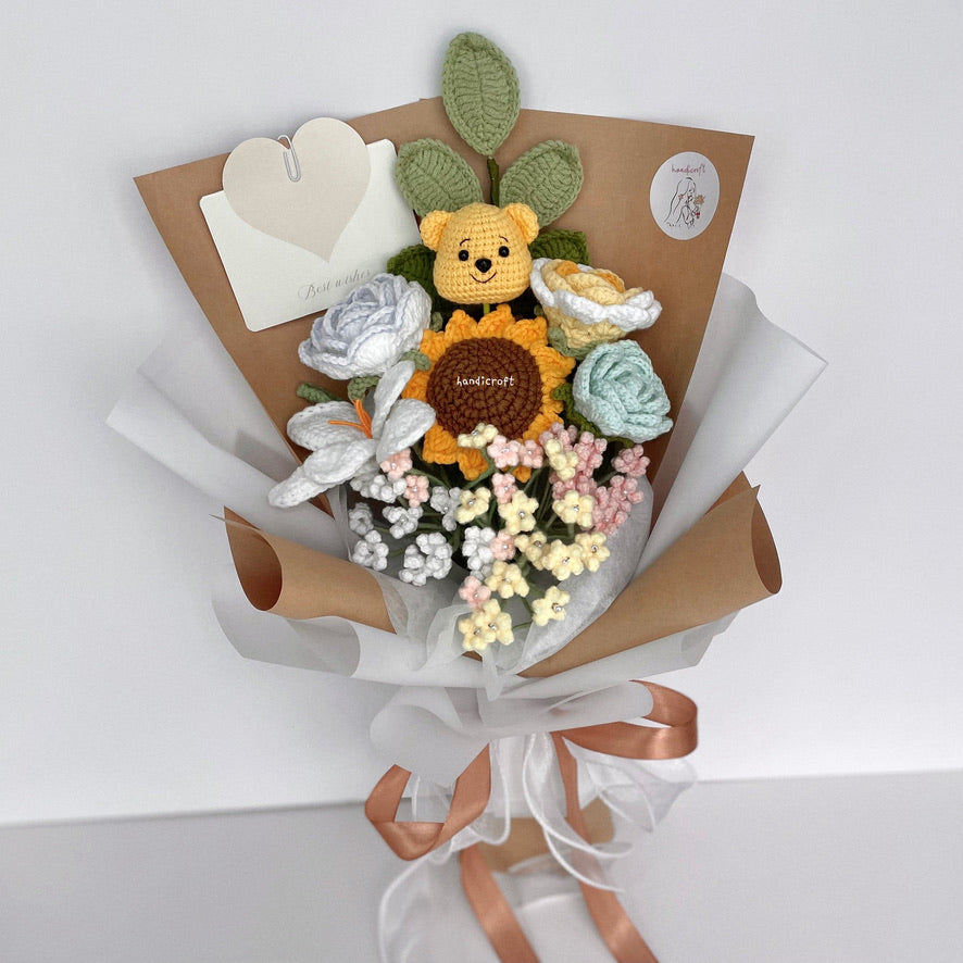 handicroft handmade crochet pastel flower bouquet pastel hunny dreams brown kraft & white