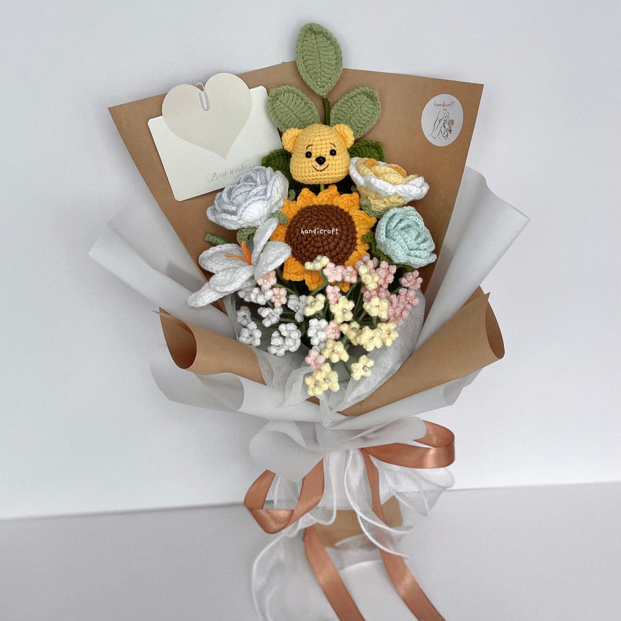 handicroft handmade crochet pastel flower bouquet pastel hunny dreams brown kraft & white