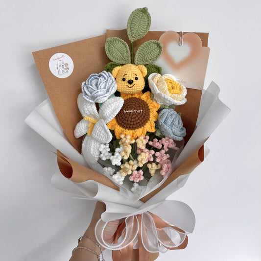 handicroft handmade crochet pastel flower bouquet pastel hunny dreams brown kraft & white