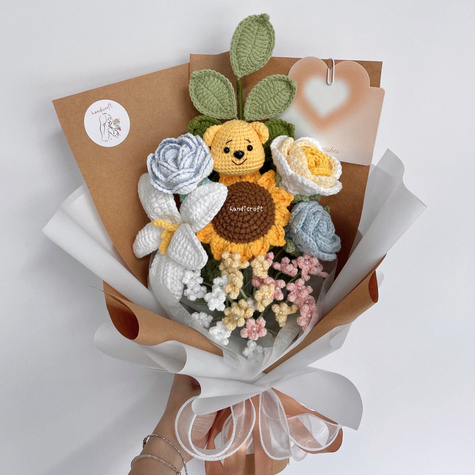 handicroft handmade crochet pastel flower bouquet pastel hunny dreams brown kraft & white