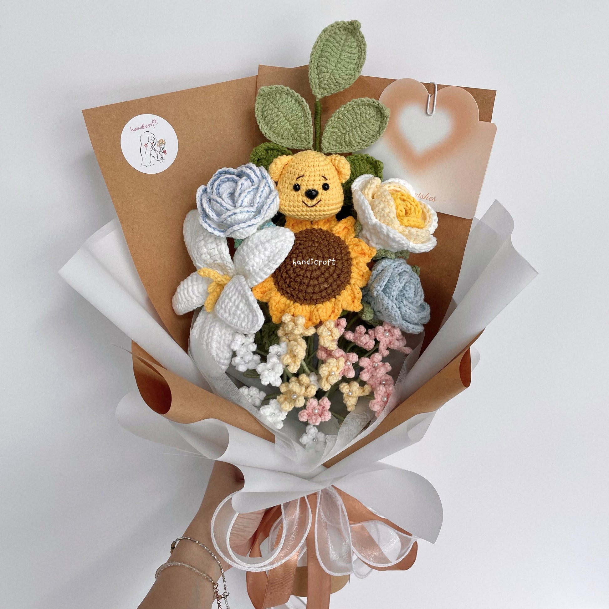 handicroft handmade crochet pastel flower bouquet pastel hunny dreams brown kraft & white