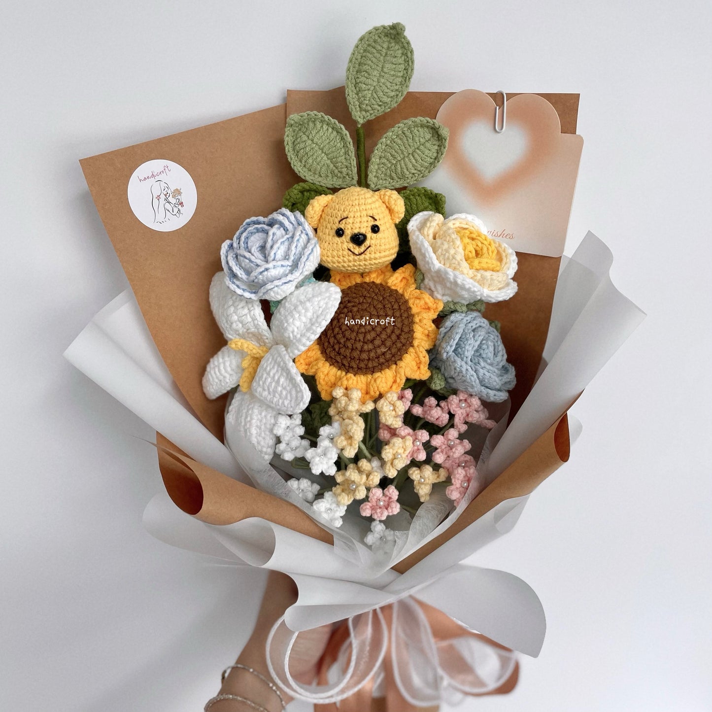 handicroft handmade crochet pastel flower bouquet pastel hunny dreams brown kraft & white